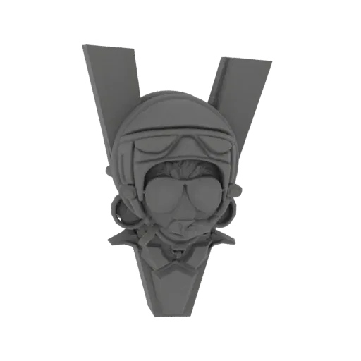 3D model of a stylized pilot's bust integrated into a bold 'V' shape, featuring a helmet and goggles.