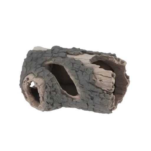3D model of a hollow log with textured bark and multiple openings, suitable for terrariums and games.