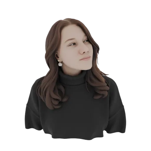 Modèle 3D généré par IA d'une jeune femme aux longs cheveux bruns portant un col roulé noir, regardant sur le côté.