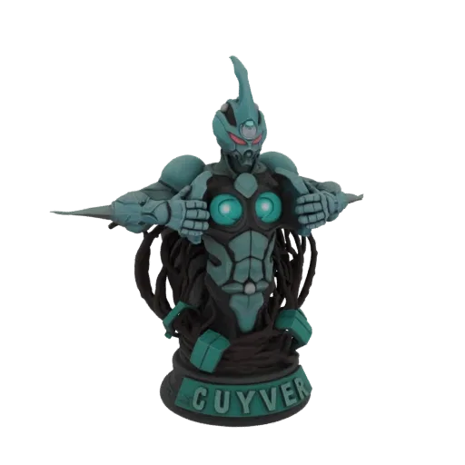 3D model bust of the Guyver Bio-Armor, a teal and black armored character with glowing eyes and tendrils, standing on a base