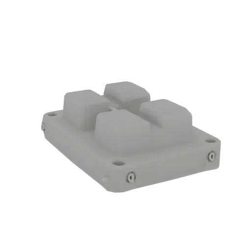 A 3D render of a modern, light gray square button module with four rounded tactile pads on its top surface, set against a bla