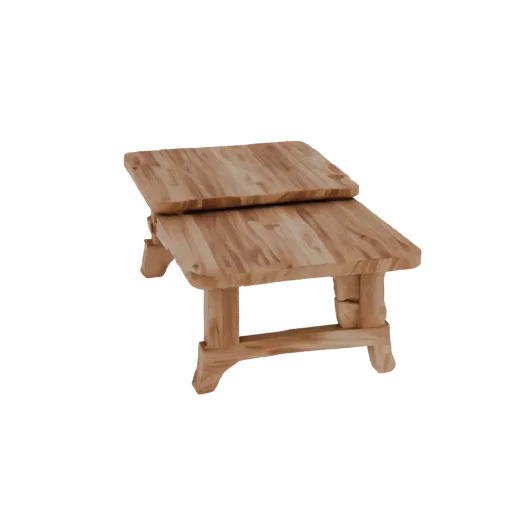 3D model of a two-tier wooden table with wood texture, side view