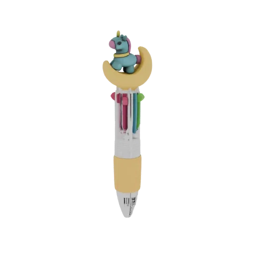 3D model of a multicolor pen with a blue unicorn sitting on a yellow crescent moon at the top.