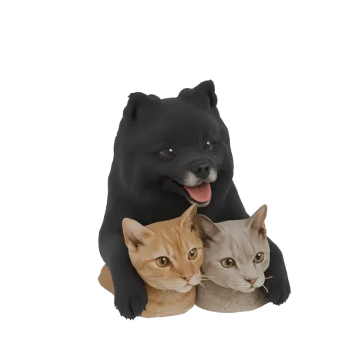 3D model of a black dog hugging two cats, with the dog's tongue out and the cats looking content.