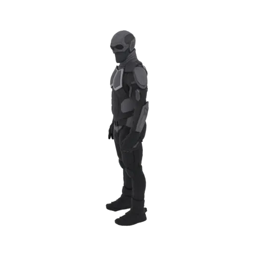 Seitenansicht des Black Noir 3D Modells, ein dunkler, gepanzerter Sci-Fi Charakter mit Helm.