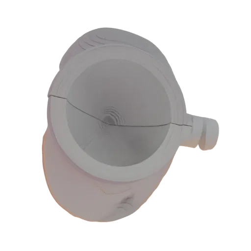 Top-down view of a smooth, matte abstract sculptural vessel with a wide opening and textured interior, rendered on a white ba