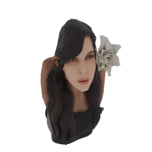 Modello 3D di donna elegante con capelli scuri e grande fiore bianco tra i capelli, che guarda verso l'alto.
