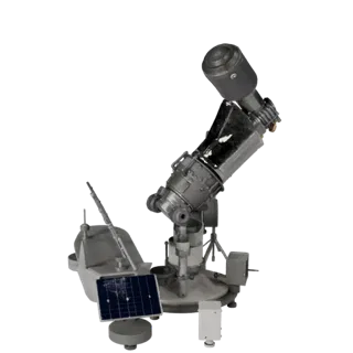 Observatorium Teleskop GLB blickbereites 3D-Modell, Nahaufnahme-Hero-Shot, zeigt Instrumentensilhouette und Oberflächenkontra