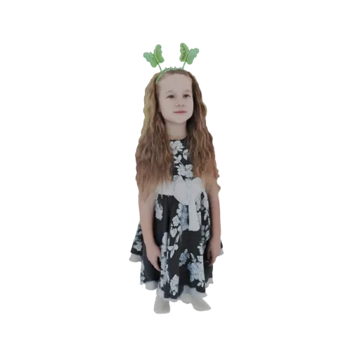 3D model of a young girl with long brown hair, wearing a green butterfly headband and a black floral dress.