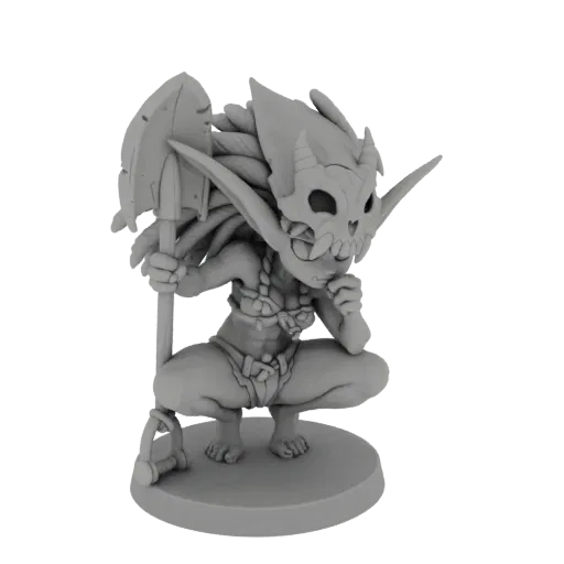 Rendering del modello 3D di uno sciamano goblin con maschera a teschio, accovacciato con una pala, su una base circolare.