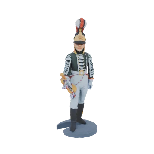 3D model of a French Hussar Trumpeter in uniform, holding a trumpet, standing on a base.