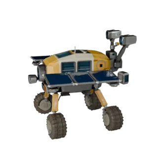 Prospector Drone Scout Low-Poly 3D-Modell, Spiel-Viewport-Dreiviertelansicht, zeigt staubige Räder, Fahrzeugposition.