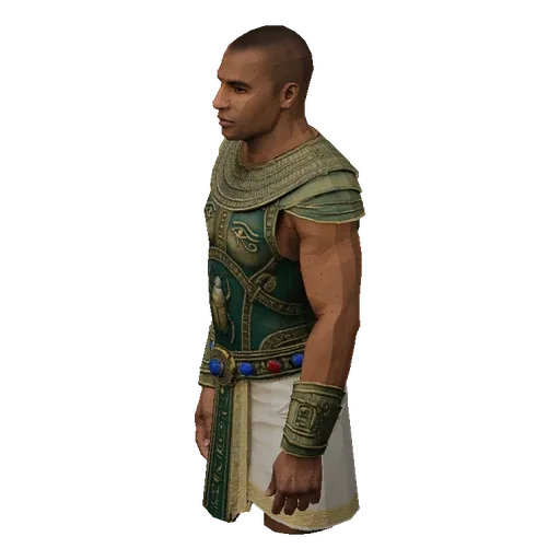 3D model of an Egyptian Pharaoh warrior, side profile, wearing ornate green and gold armor with a white kilt.