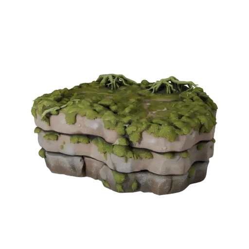 Mossy Root Path High Poly 3D model, close-up cinematic environment render, showing layered soil, raised bases.