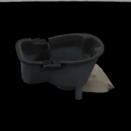 3D model of a dark gray bathtub with an integrated seat, viewed from a slightly elevated side angle against a black backgroun