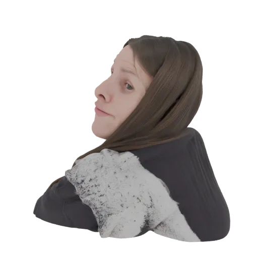 3D model of a woman looking over her shoulder, wearing a dark top and a scarf covered in snow.