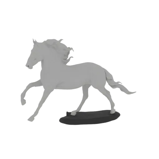 3D model of a grey horse in a galloping pose, with its mane and tail flowing, set against a white background.
