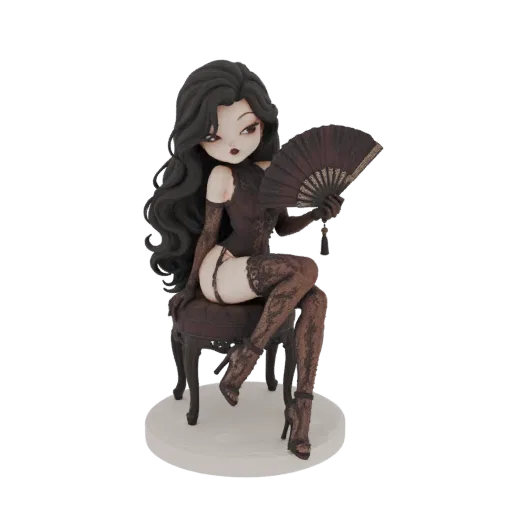 3D model of a gothic pin-up figurine with dark hair, wearing lace stockings and holding a fan, seated on a chair.