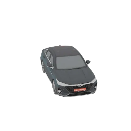 3D model of a dark grey sedan with a sporty front grille, viewed from a three-quarter front angle.