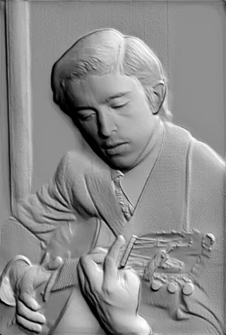 Modelo 3D de baixo-relevo do jovem Bob Dylan tocando guitarra, em cor cinza