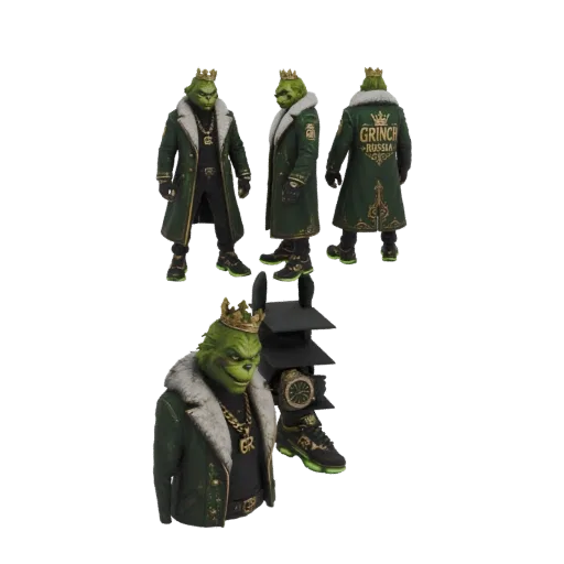 Modello 3D del Grinch vestito da re, con corona d'oro, cappotto verde foderato di pelliccia e catena d'oro.