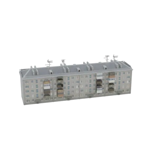 3D model of a long, gray Soviet-era apartment building with multiple floors and balconies, set against a white background.