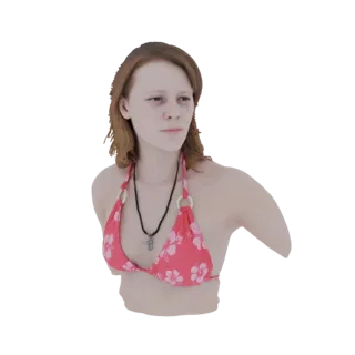 Render de modelo 3D de una joven con cabello castaño rojizo, vistiendo un bikini floral rosa, mirando ligeramente hacia un la