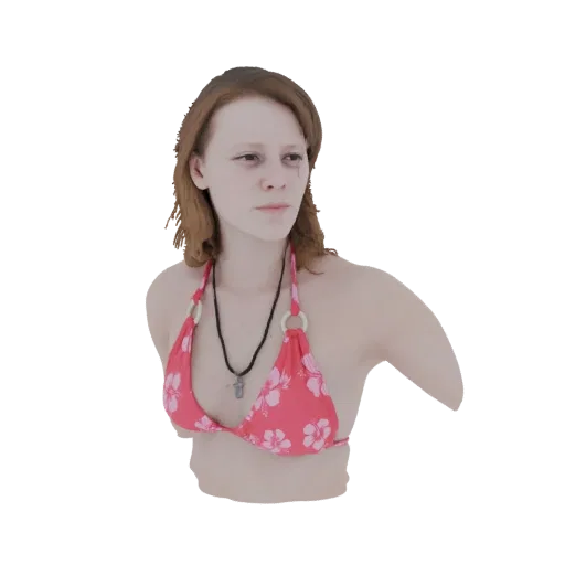 3D-Modell-Render einer jungen Frau mit kastanienbraunem Haar, die einen pinken Blumenbikini trägt und leicht zur Seite blickt