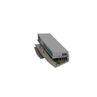3D model of a modern, long, white building with large, blue-tinted glass windows, elevated on a base with a pathway.