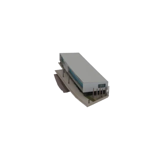 Modello 3D di un edificio moderno, lungo e bianco con grandi finestre colorate di blu, sollevato su una base con un percorso.