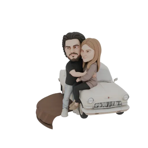 3D model of a cartoon couple embracing on the hood of a white vintage car, with a brown base.