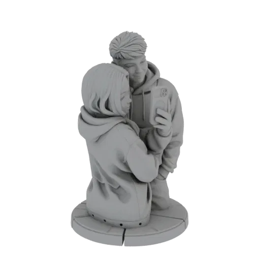 3D model of a young couple leaning together to take a selfie with a smartphone, displayed on a circular base.