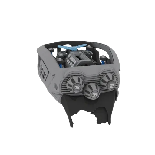 3D model of a futuristic gray hypercar engine with visible mechanical parts and blue accents, set against a white background.