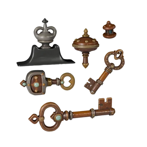 Royal Loot Key Stylized 3D model, stylized isometric render, showing aged wood, clear pickup silhouette.