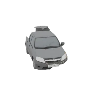 Modelo 3D de un sedán gris dañado con matrícula rusa visible, mostrado desde un ángulo frontal-cuarto.
