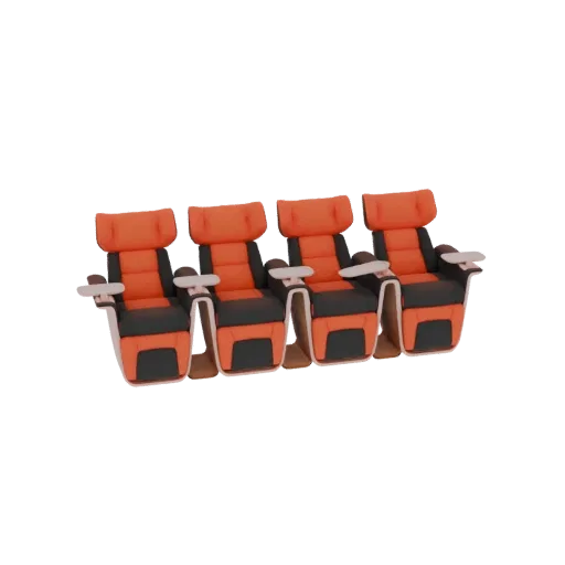 3D model of a row of four orange and black cinema seats with light gray armrests, set against a black background.
