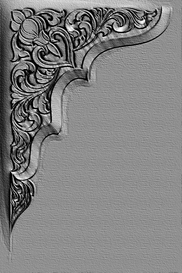 3D model of a corner bas-relief with detailed floral ornament in engraving style