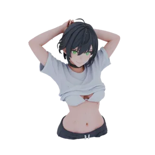 Modello 3D di una ragazza anime con capelli corti e neri, occhi verdi e un sorriso, che indossa una maglietta bagnata e un to