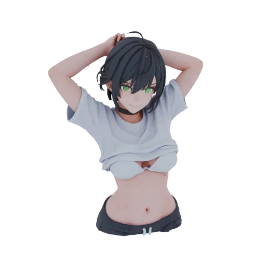 3D model of an anime girl with short black hair, green eyes, and a smirk, wearing a wet t-shirt and bikini top, arms raised b