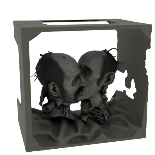 3D model of 'The Kiss' sculpture, showing two grayscale heads in an embrace within an abstract frame.