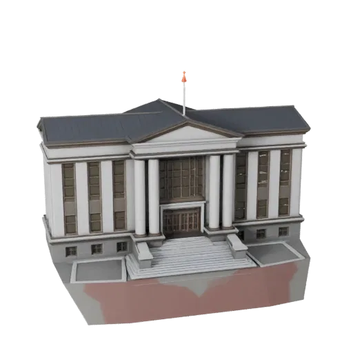Modelo 3D de tribunal pronto para Unreal Engine, viewport do Unreal Engine, mostrando materiais de edifício público e detalhe