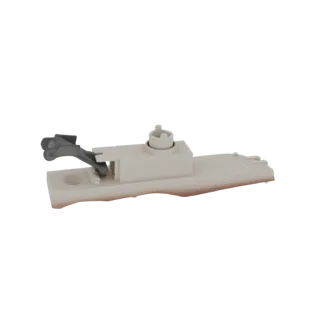 3D model of a dishwasher spray arm assembly with a light gray pivot and a white mounting bracket, isolated on a white backgro