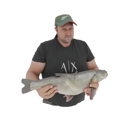 3D model of a man in a black t-shirt and green cap holding a large, silver-scaled fish with both hands.