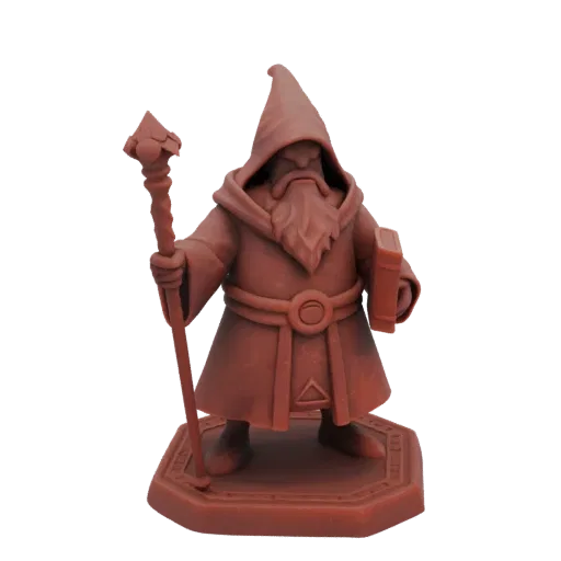 Figurine STL de Magicien Nain Médiéval Attaque, rendu trois-quarts sur table, figurine lanceuse de sorts imprimable en résine