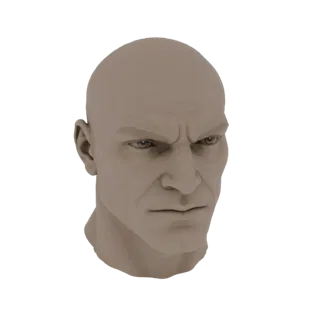 Modèle 3D de la tête d'un homme chauve avec une expression agressive et des sourcils froncés, rendu dans un matériau neutre e