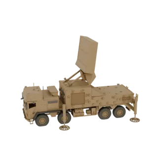 3D model of a tan-colored mobile radar system mounted on a military truck, with the radar dish elevated.