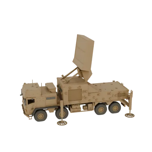3D model of a tan-colored mobile radar system mounted on a military truck, with the radar dish elevated.