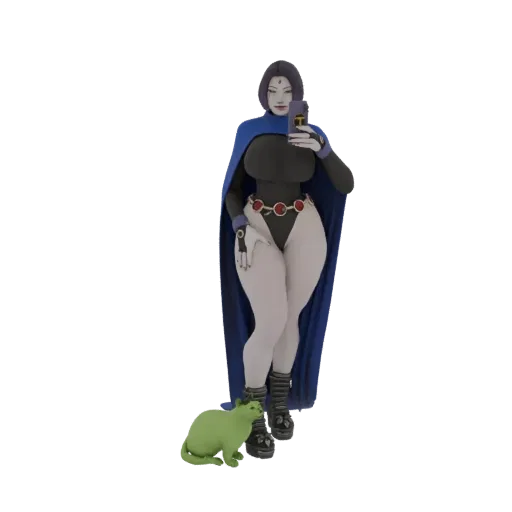 Modelo 3D de Raven tirando uma selfie com um gato verde, apresentando sua capa e traje icônicos.