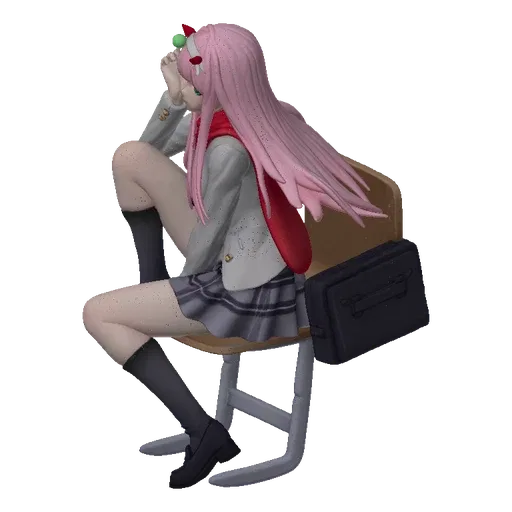 3D model of Zero Two from Darling in the Franxx wearing her school uniform, sitting on a chair with a school bag.