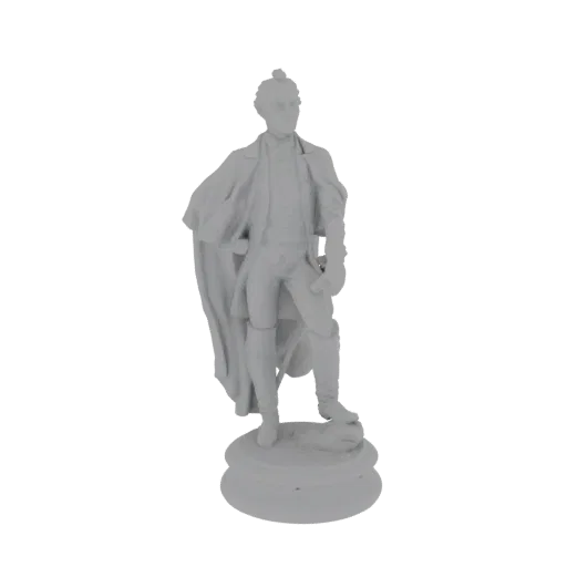 3D model of Alexander Hamilton in historical attire, standing on a circular base, rendered in a light gray matte finish.